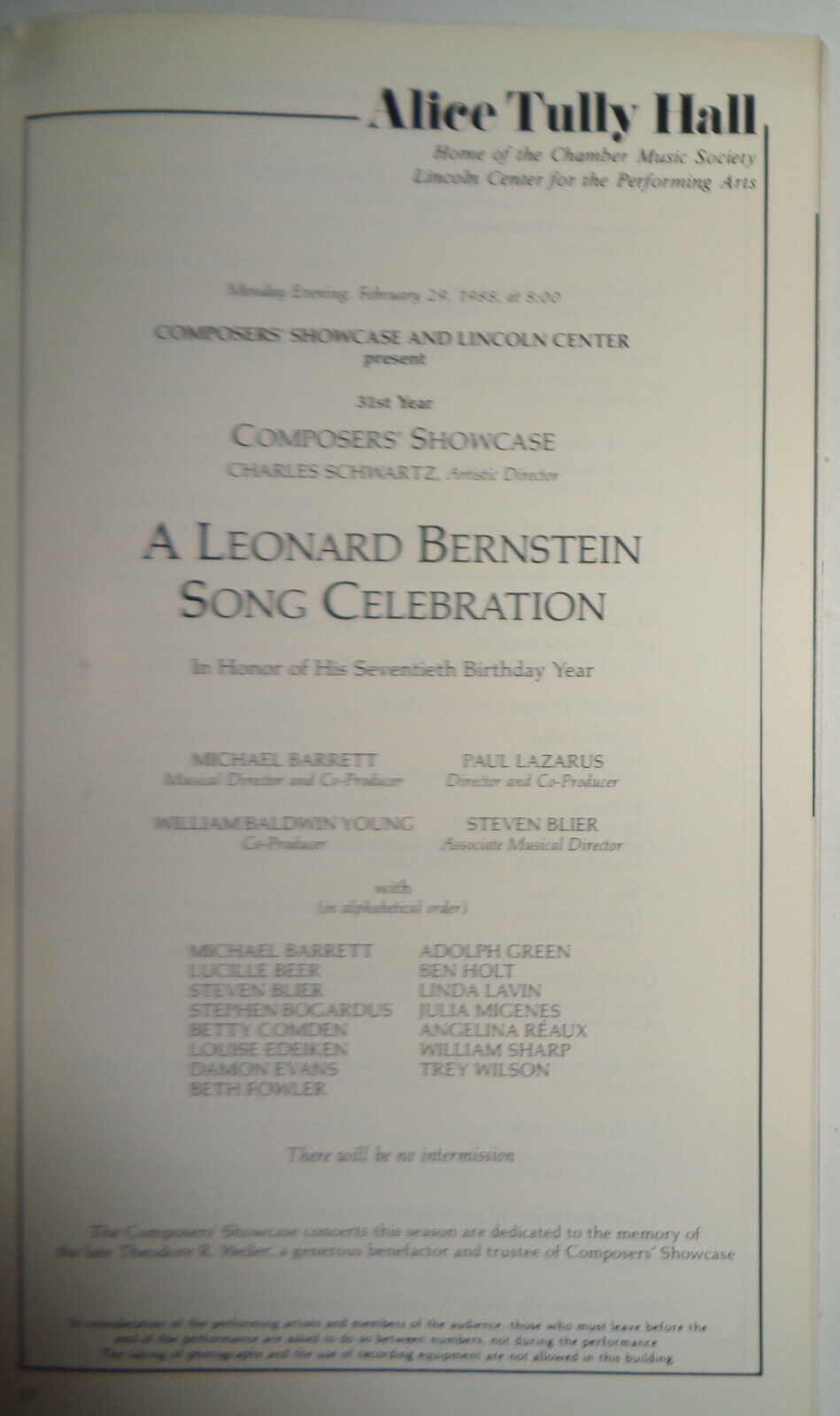 A LEONARD BERNSTEIN SONG CELEBRATION - STAGEBILL - 1988 - 70th Birthday Year