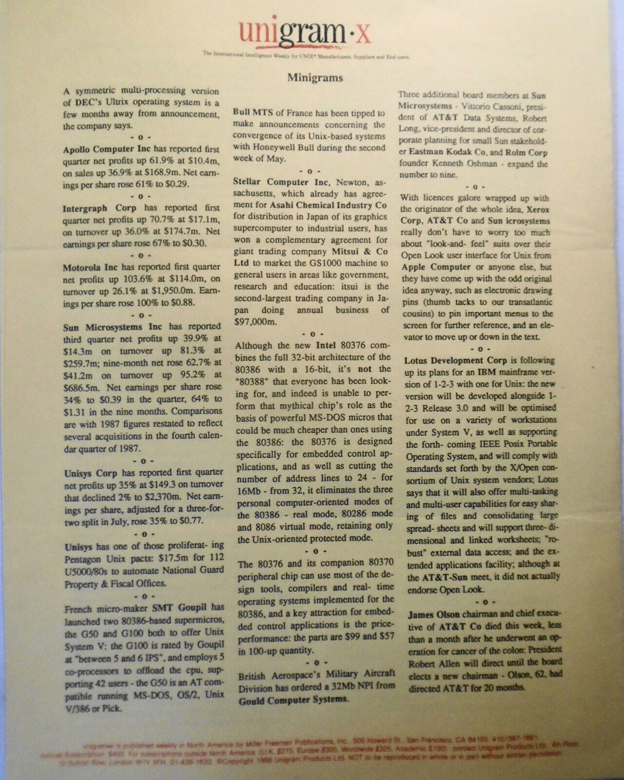 Unigram-X, #176 - April 23, 1988 - London weekly for UNIX manufacturers, et al