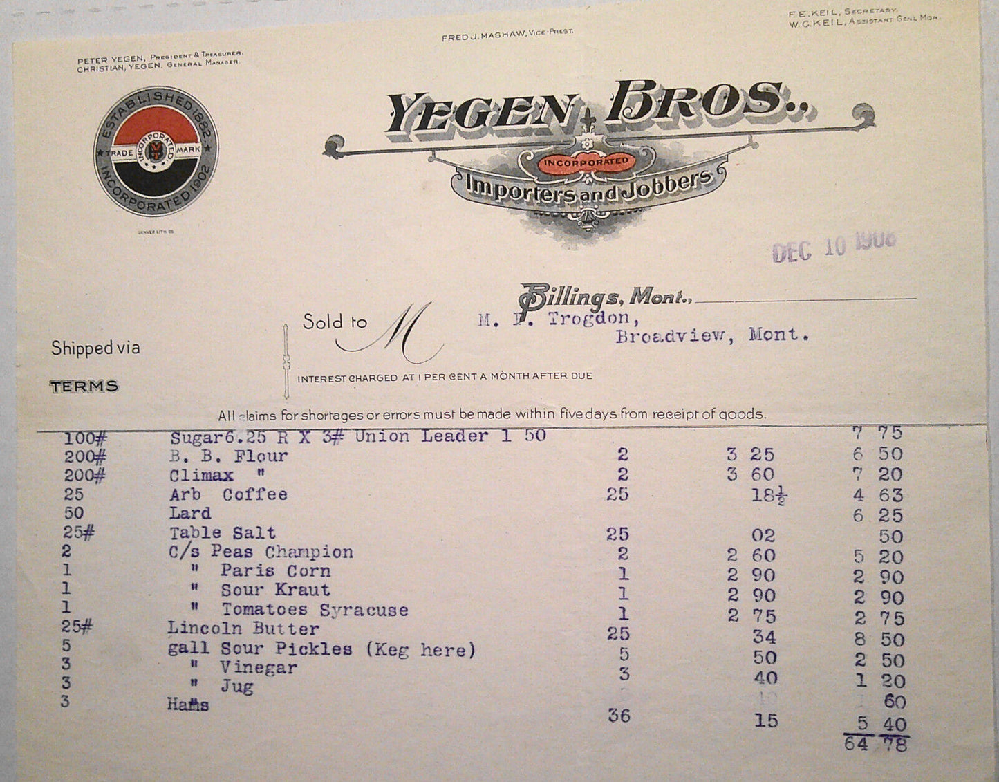 1909 Yegen Bros., Billings, MT -  Billhead, for food supplies