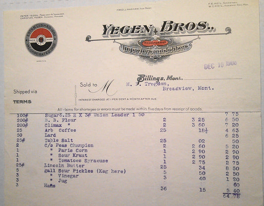 1909 Yegen Bros., Billings, MT -  Billhead, for food supplies