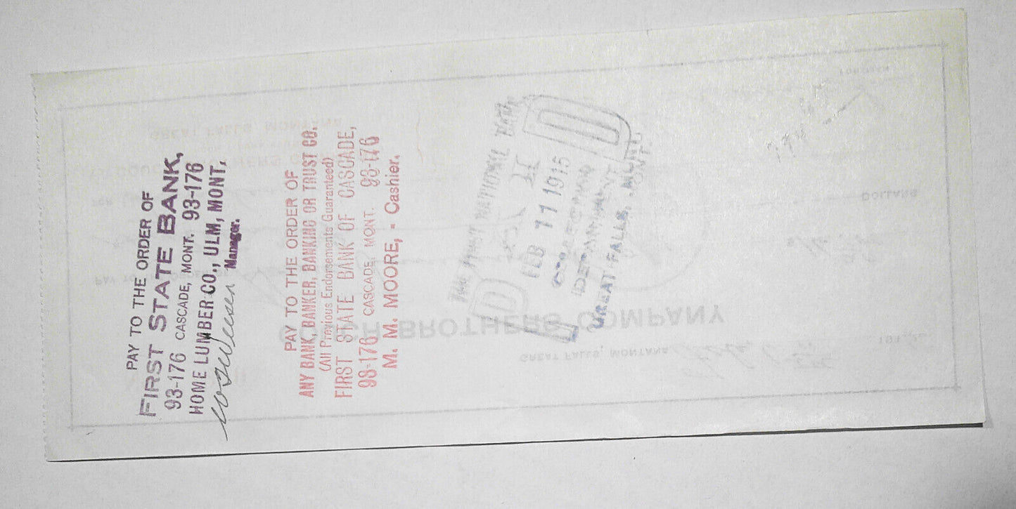 1915 - 2 checks of Couch Brothers Company, Great Falls, Montana.