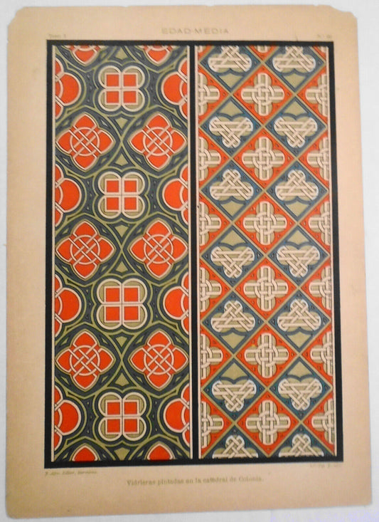 Edad Media Vidrieras pintadas en la catedral de Colonia -  litho ca 1890, J Aleu