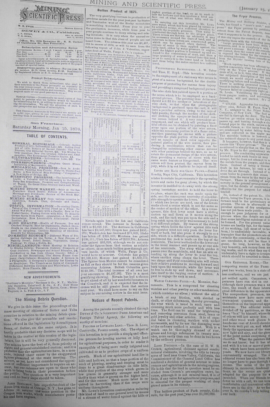 Mining and Scientific Press January 15, 1876. Yellowstone Lake; Colorado Bullion
