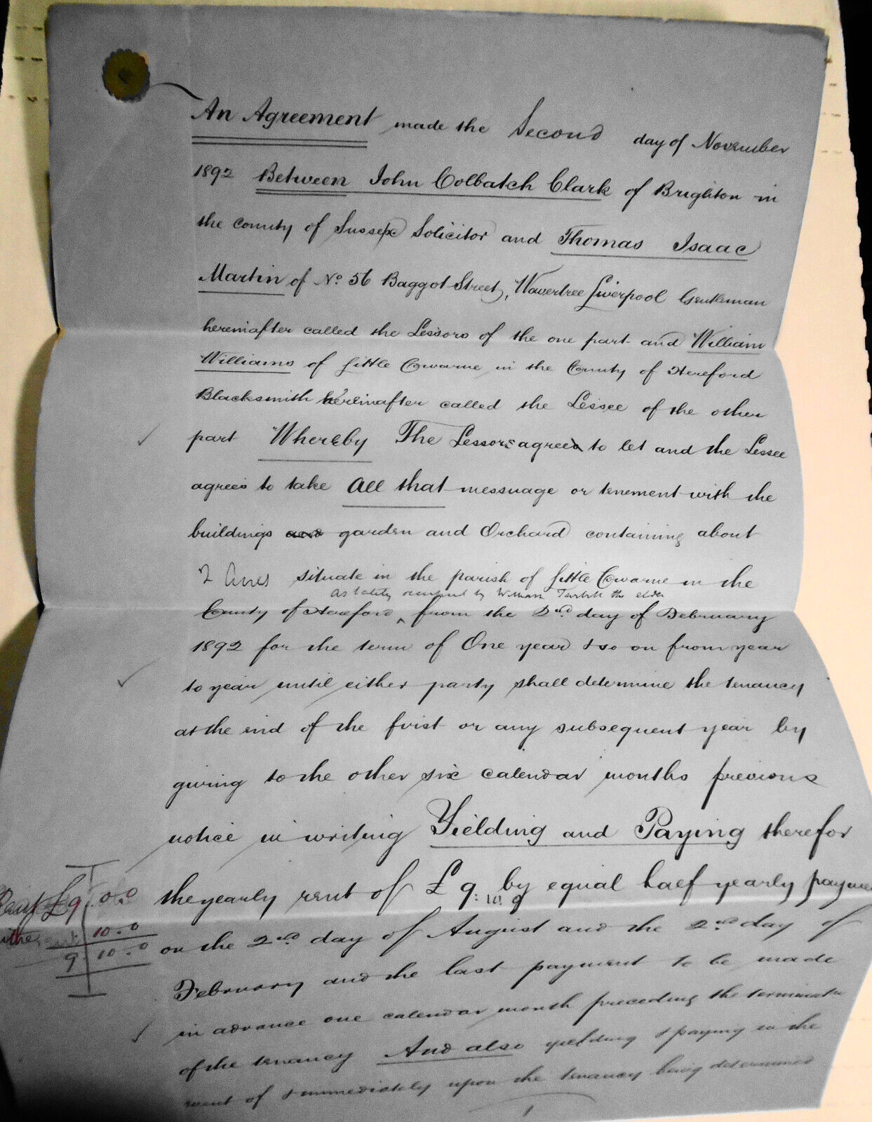 1892 Draft Lease. Hereford, England. Clark & Martin to William Williams.
