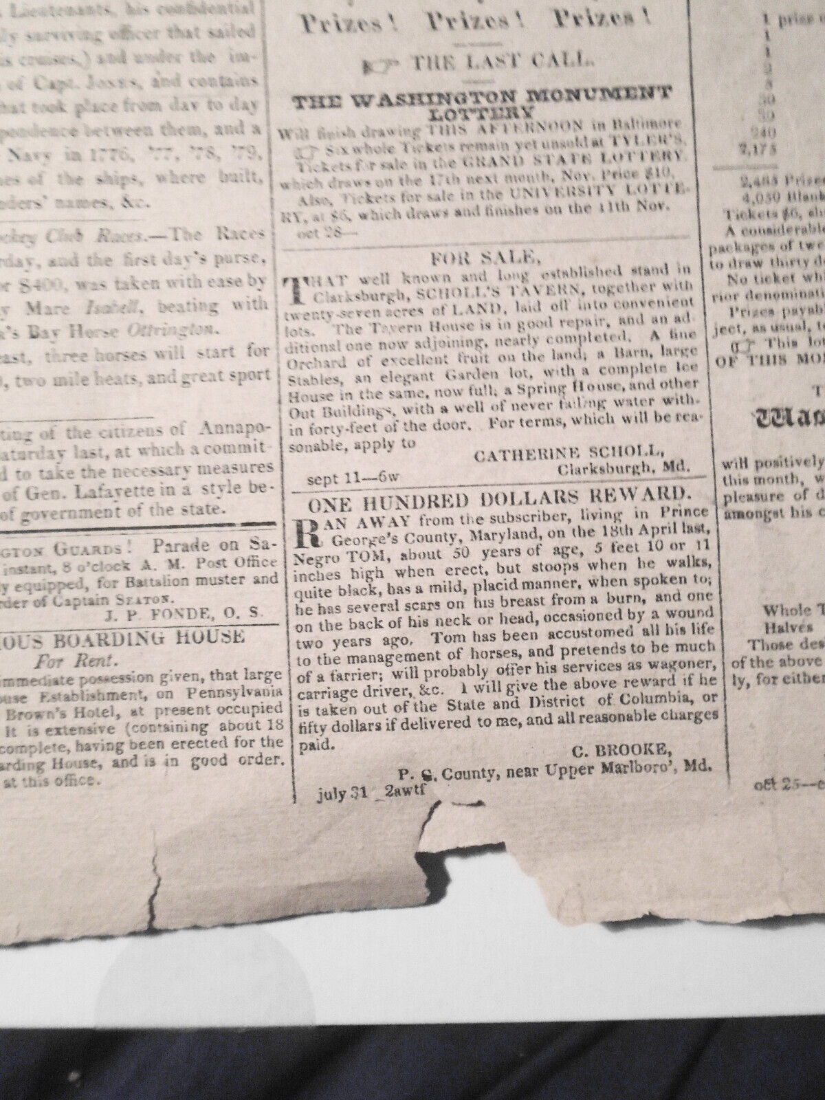 National Intelligencer October 28, 1824. $100 reward for Negro TOM runaway slave