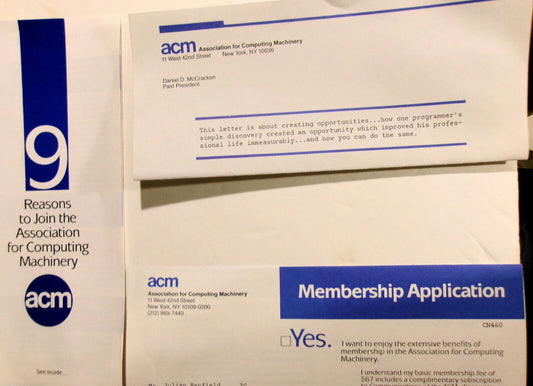 1989 ACM Association for Computer Machinery, Membership Application & promo lit.