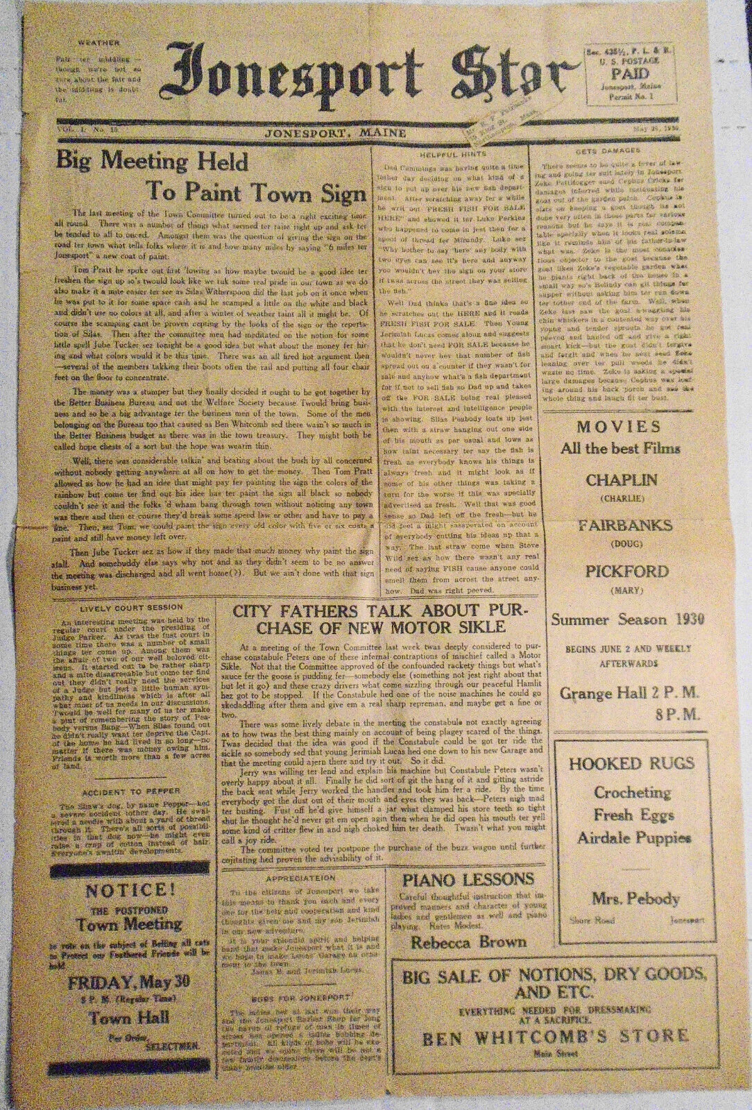 Jonesport Star, May 29, 1930 - Big meeting held to paint town sign; other news