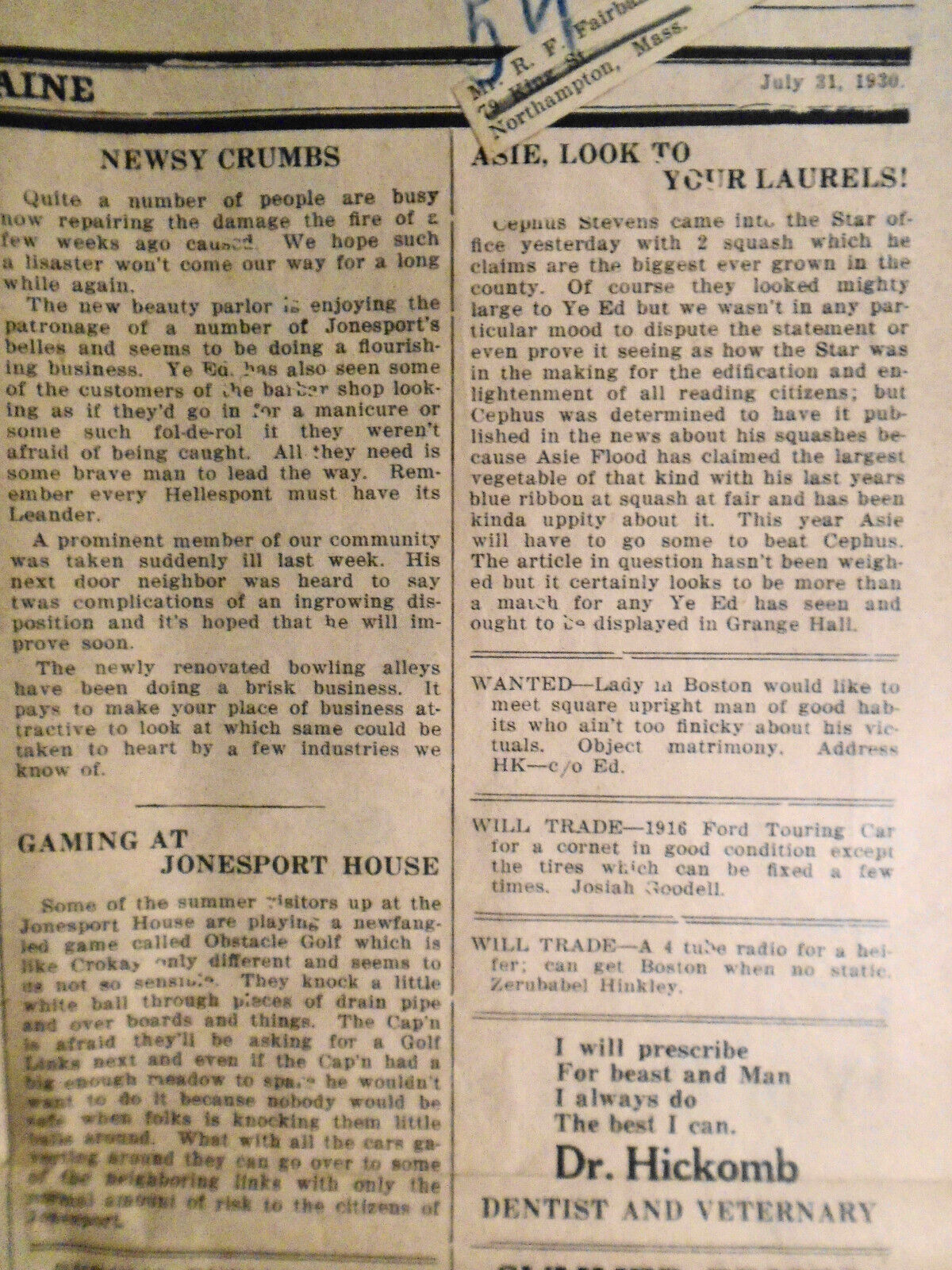 Jonesport Star, July 31, 1930 -  Jonesport Still Unrecognized by Maine Railroad