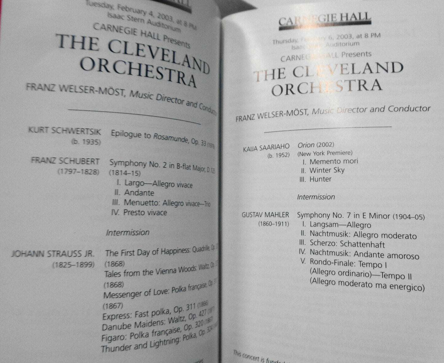 THE CLEVELAND ORCHESTRA - PLAYBILL - FEB 2003  Carnegie Hall DAME FELICITY LOTT