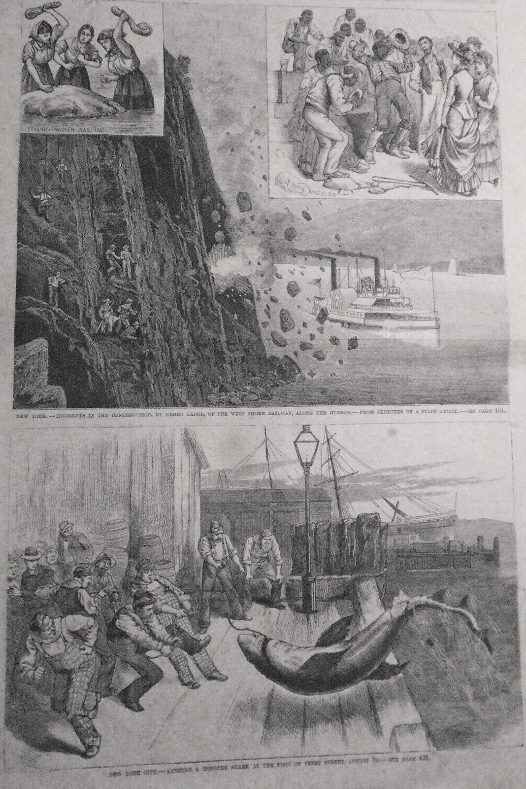 Construction By Negro Labor Of West Shore Railway; Monster Shark - Leslie's 1881