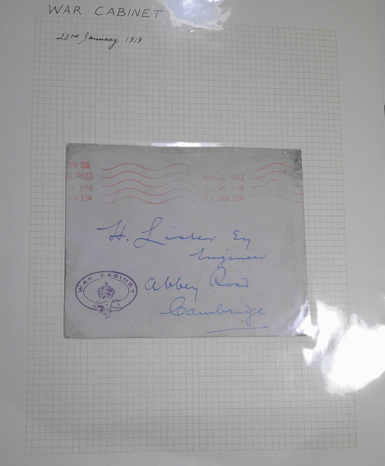 1919 UK War cabinet postal cover with embossed seal on verso