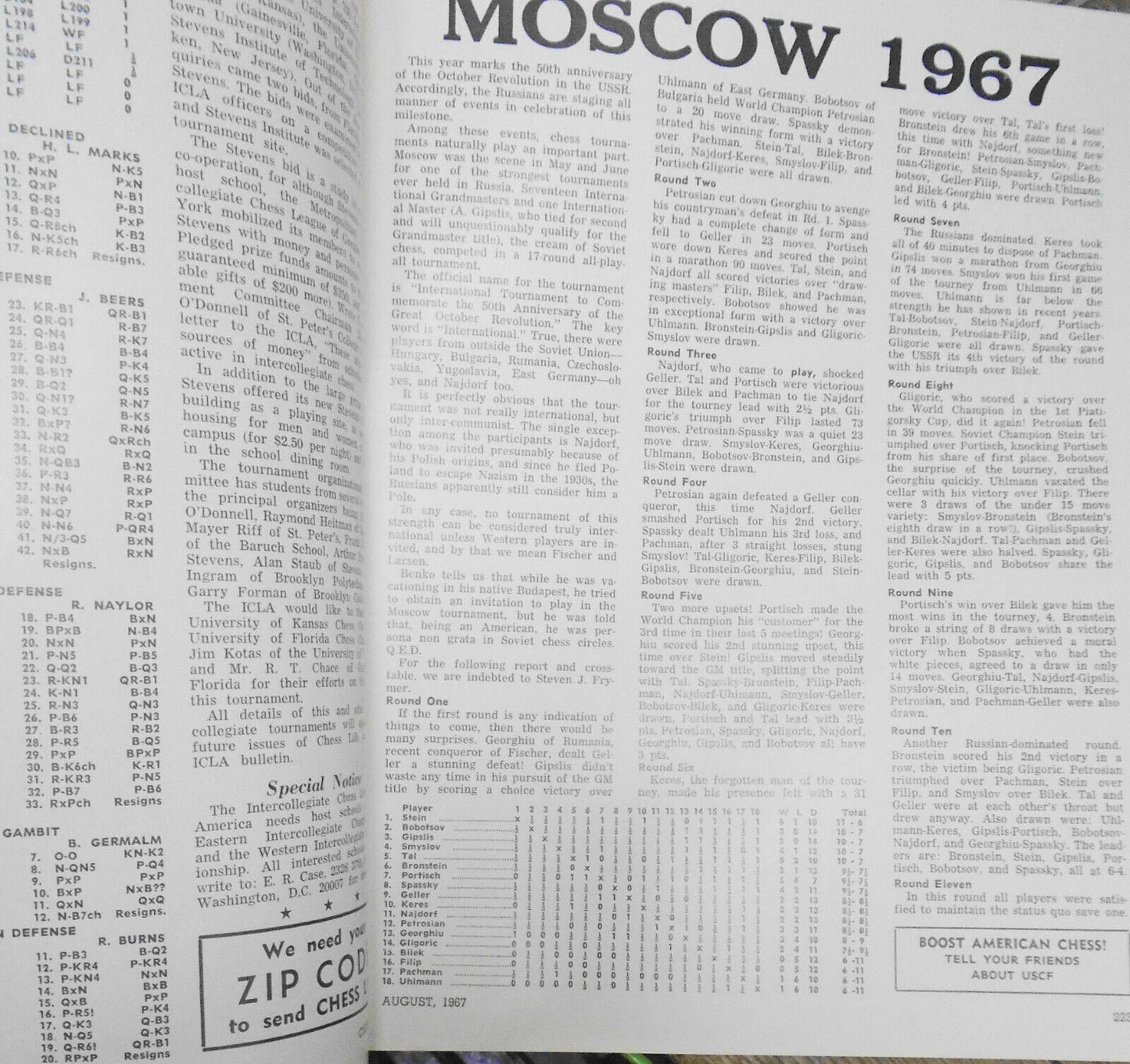 Chess Life, August 1967 -  "Let's Lay Off Bobby Fischer" etc