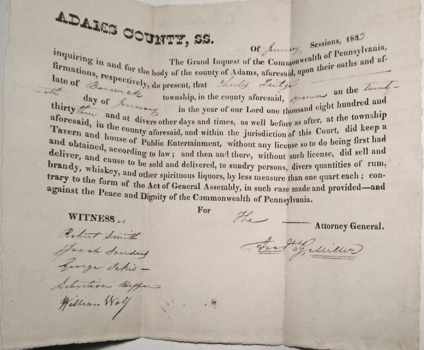 1883  Adams County PA Grand Inquest, Charles Teitge for running a Tippling House