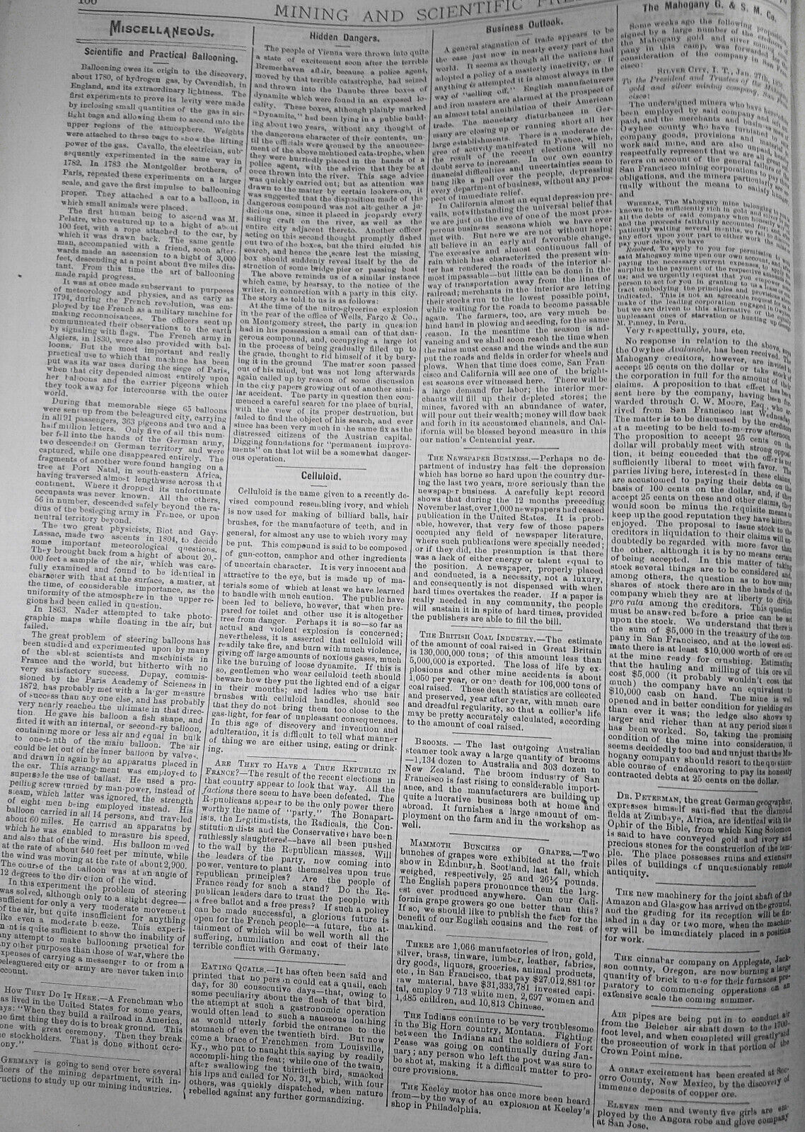 Mining and Scientific Press, March 11, 1876. Ballooning; Photo-lithography, etc