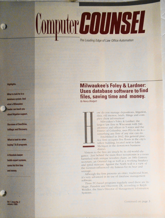 Computer Counsel, January 1989. By Law Bulletin Publishing Co.