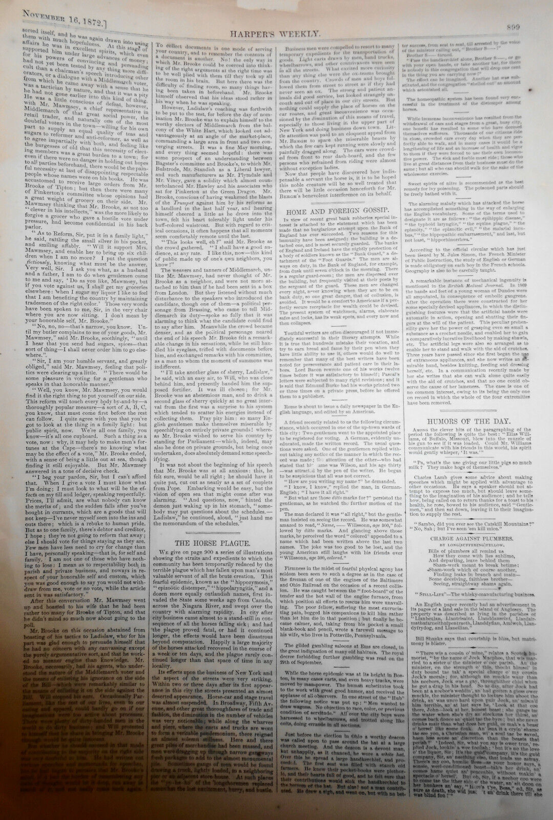 The Horse Plague - Harper's Weekly 1872, Story Plus Full Page, With 4 Prints