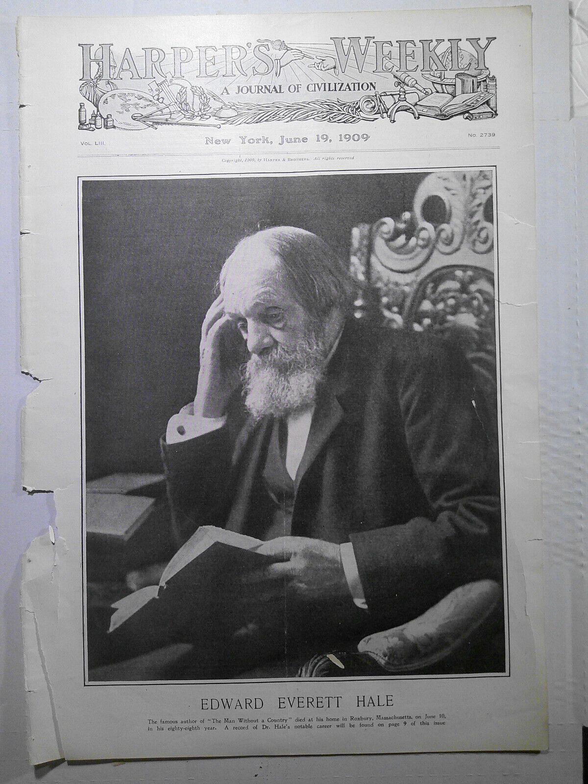 Edward Everett Hale -  Harper's Weekly, June 19, 1909. Original front page print