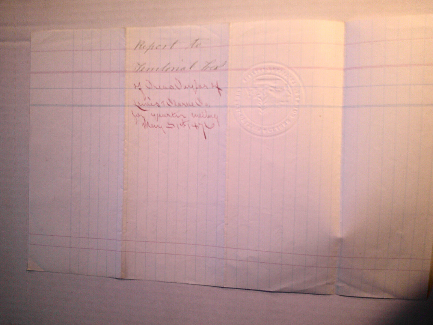 1876 Report to Territorial Treasurer, Lewis and Clarke County Montana, with seal
