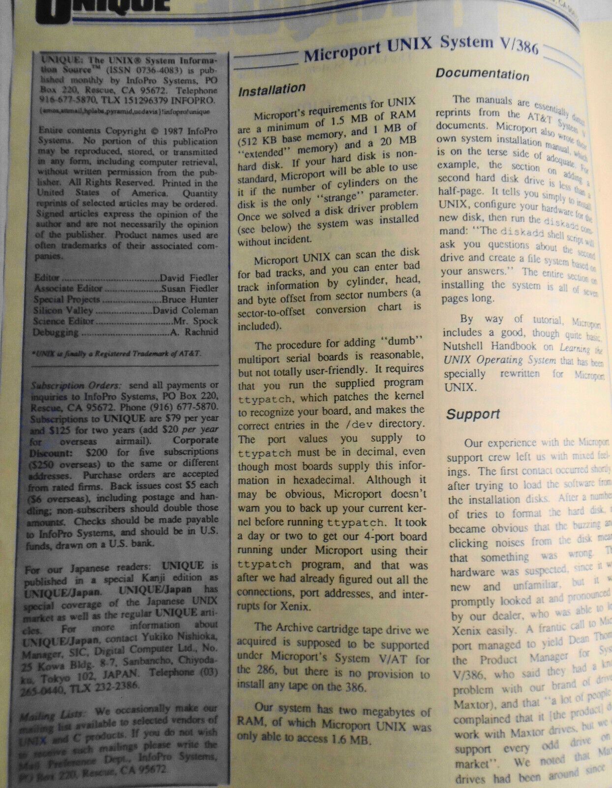 UNIQUE: The UNIX System Information Source  Nov. 1987 - 386 Wars; SCO, Microport