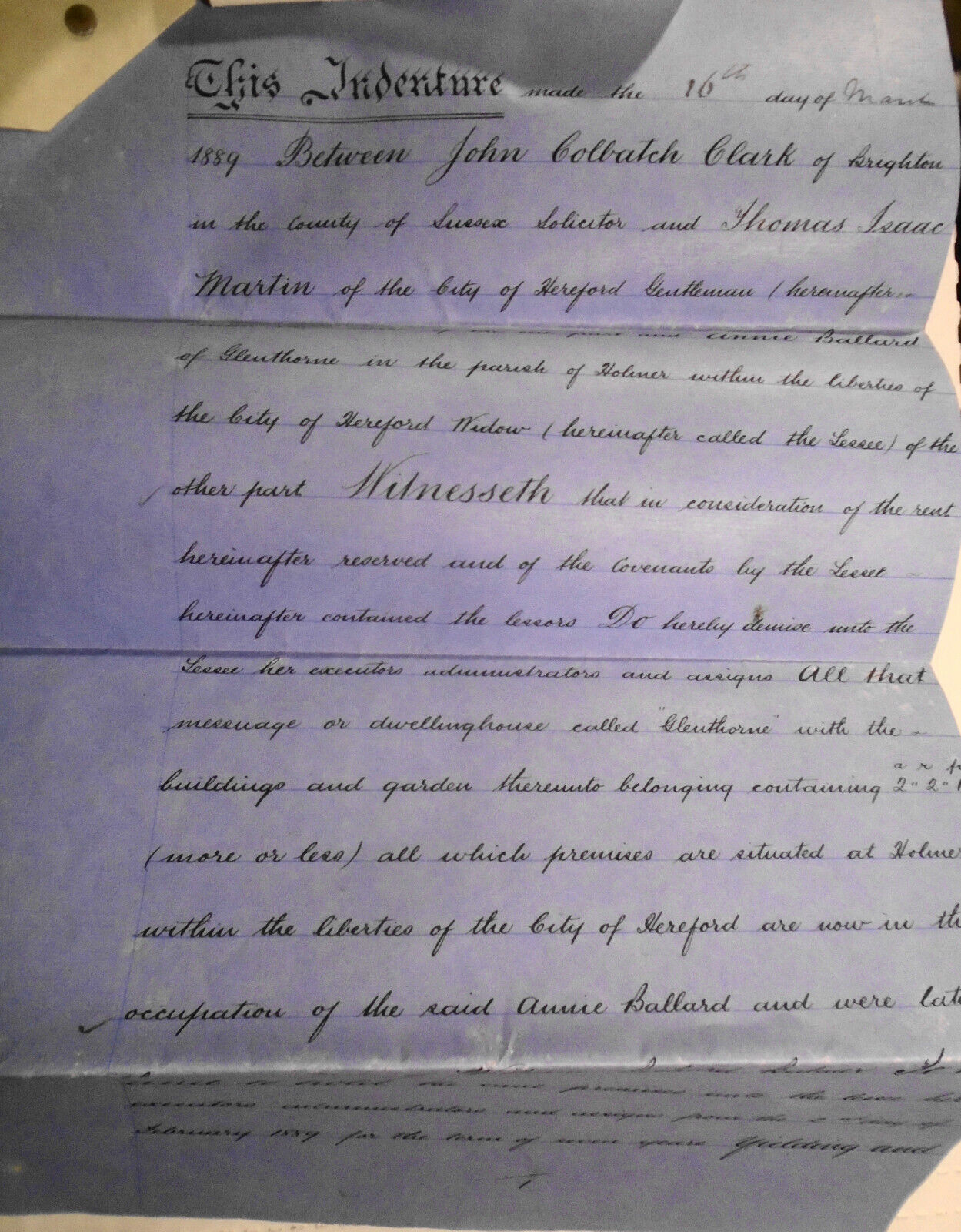 1889 Lease indenture. Hereford, England. Clark and Martin to Mrs. Annie Ballard.