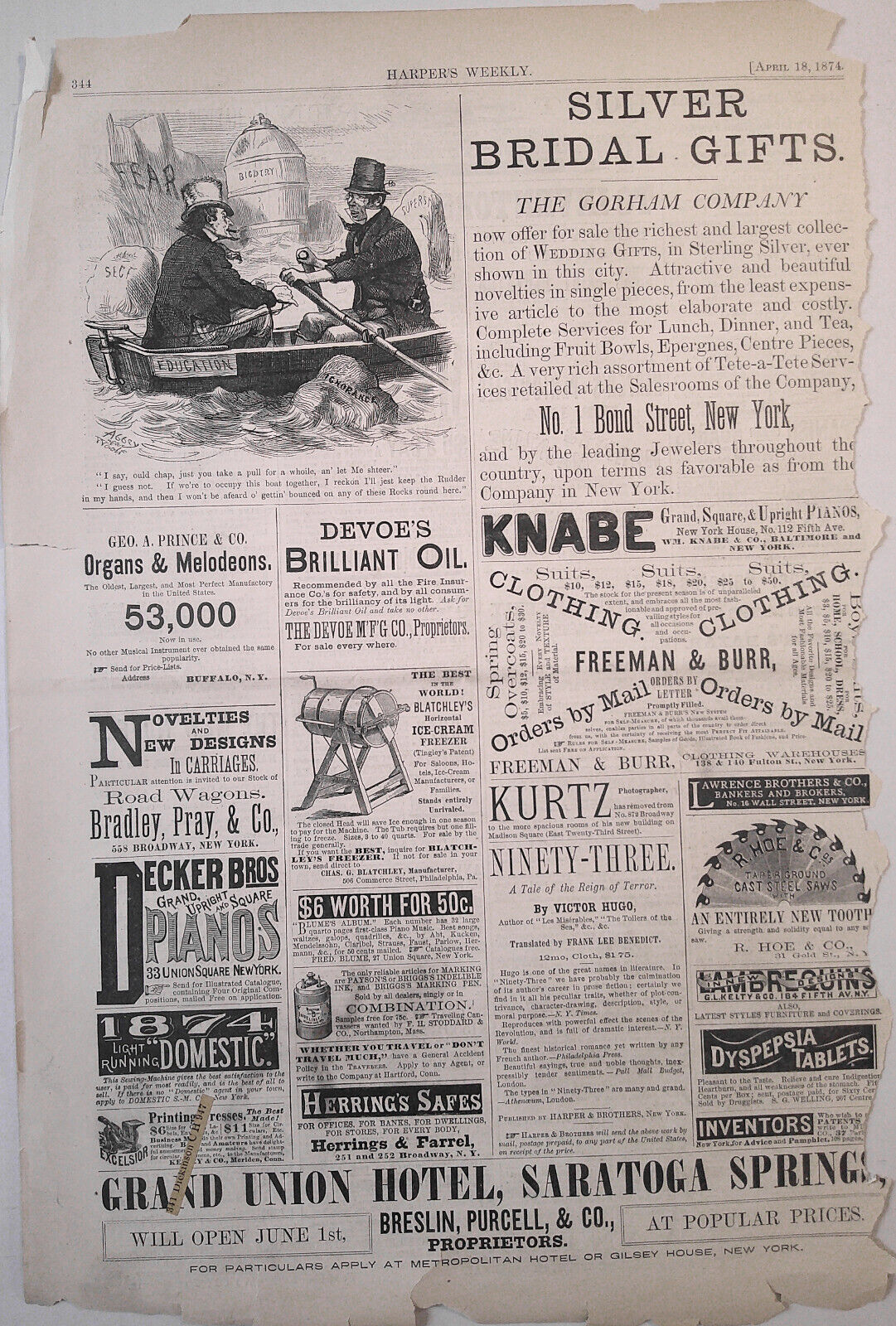 Education Boat - Harper's Weekly April 18, 1874. Original.
