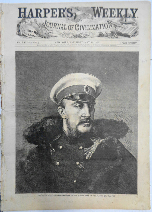 HARPER'S WEEKLY, May 12, 1877 - FIRST OF MAY IN BLACKVILLE, GRAND DUKE NICHOLAS
