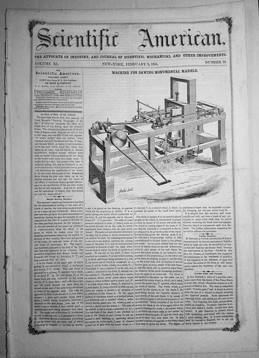 Scientific American, February 9, 1856. Machines for Marble Sawing & Weaving Wire