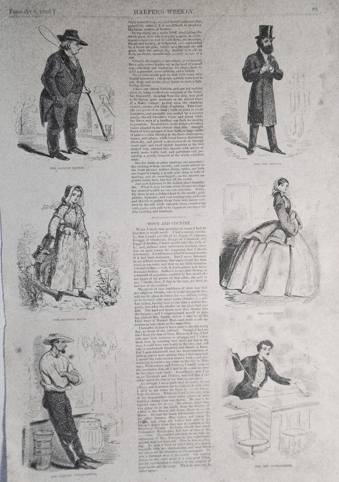 Town And Country - Harper's Weekly, February 6, 1858 - Story & 6 Prints