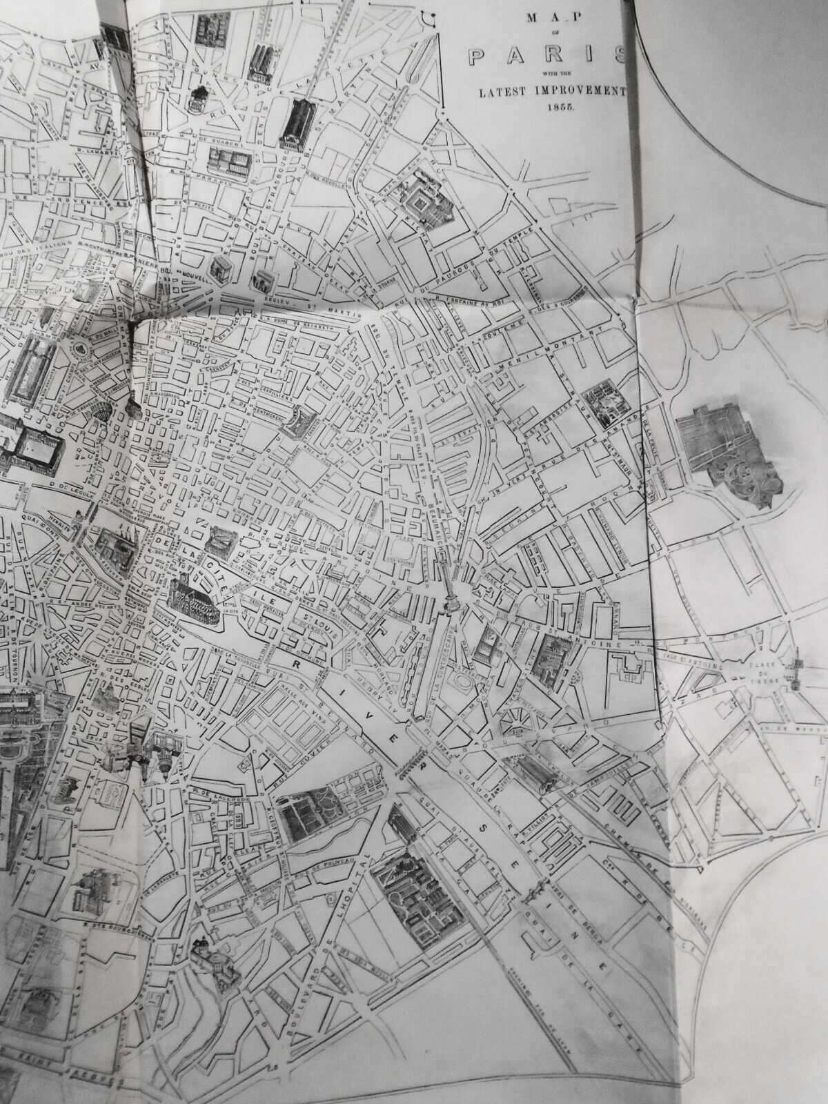 1855 Map of Paris  with Latest Improvements - 32 X 22 inches. Original.