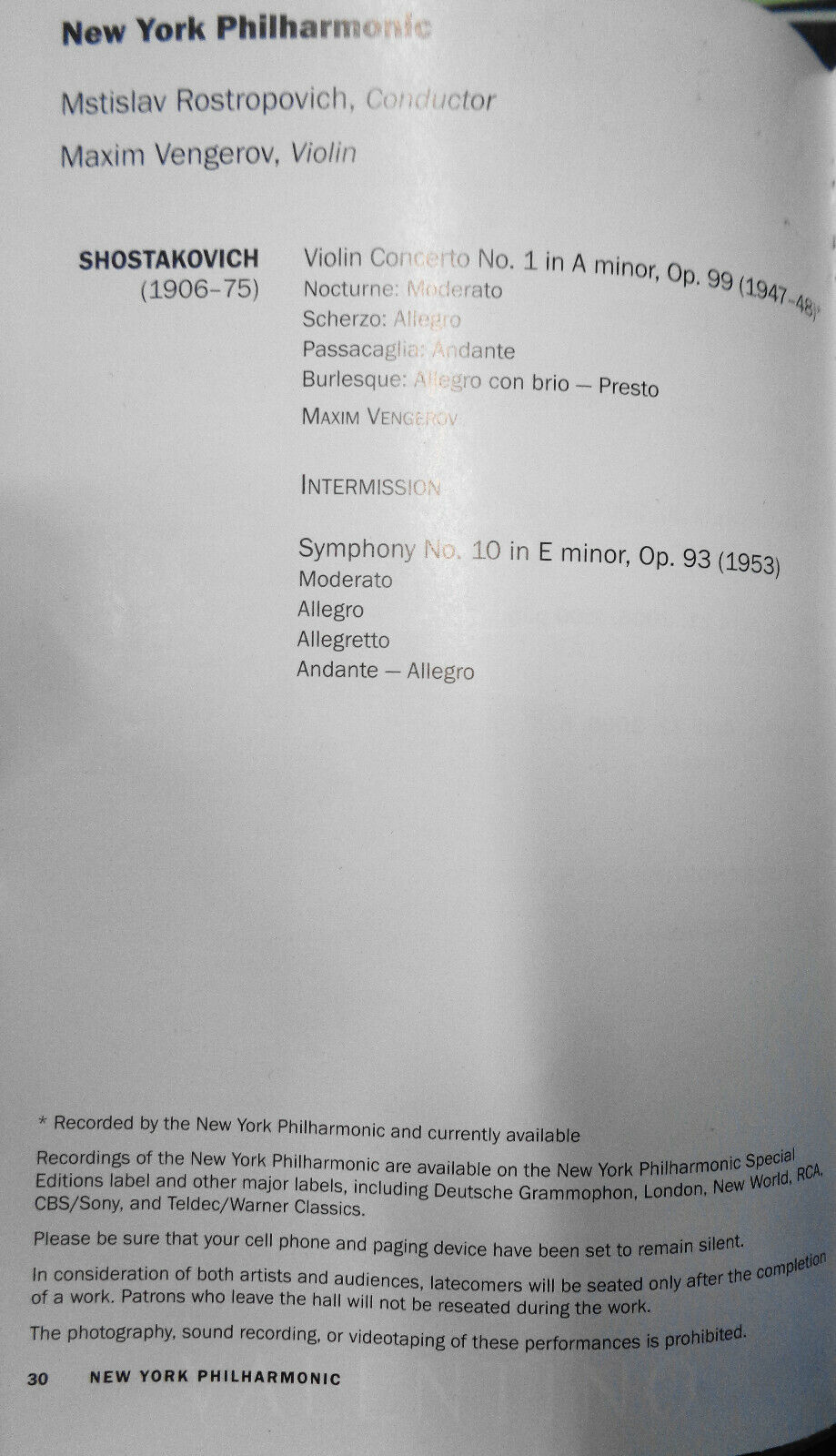 MSTISLAV ROSTROPOVICH, CONDUCTOR - NY PHILHARMONIC PLAYBILL, April 2006