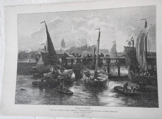 Morgen in Ostende, von  Andreas Achenbach -  1886 Original antique print