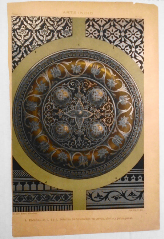 Arte Indio - Escudo... decoracion en jarros... litho ca 1890 by J Aleu Barcelona