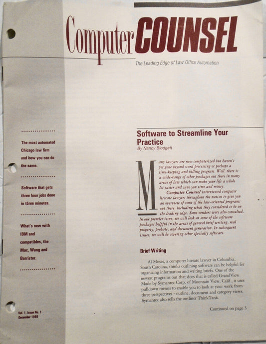 Computer Counsel, Premiere Issue Dec. 1988 Leading edge of Law Office Automation
