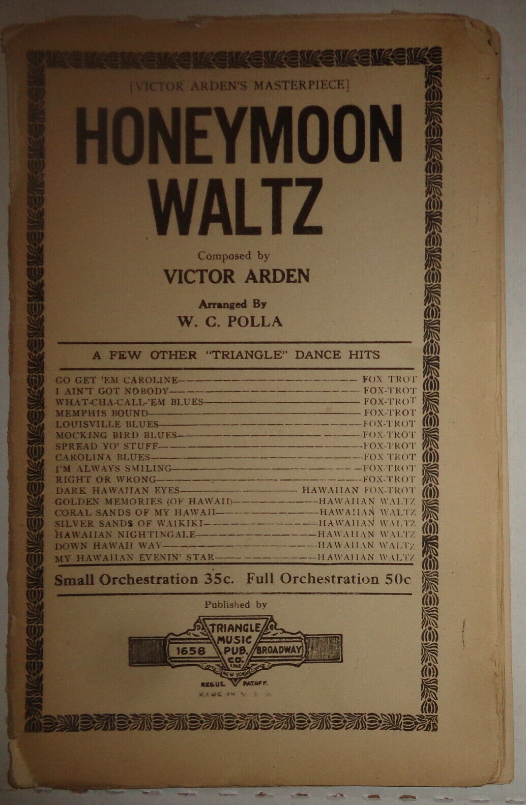 HONEYMOON WALTZ by Victor Arden - SHEET MUSIC FOR ORCHESTRA - 1925