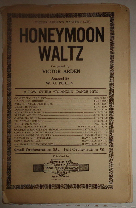 HONEYMOON WALTZ by Victor Arden - SHEET MUSIC FOR ORCHESTRA - 1925