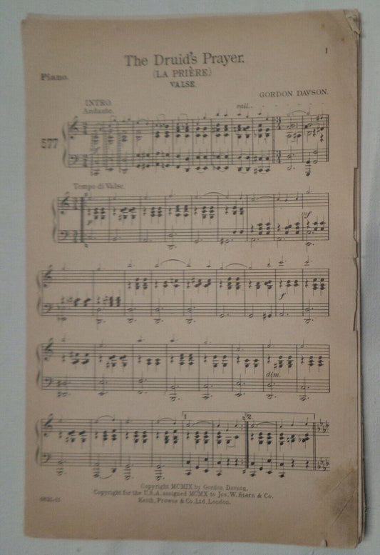 1910 THE DRUID'S PRAYER (LA PRIERE) VALSE - SHEET MUSIC FOR ORCHESTRA