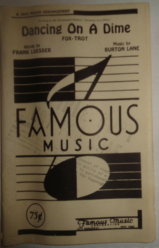 DANCING ON A DIME - FOX TROT - SHEET MUSIC FOR ORCHESTRA 1940 LOESSER / LANE