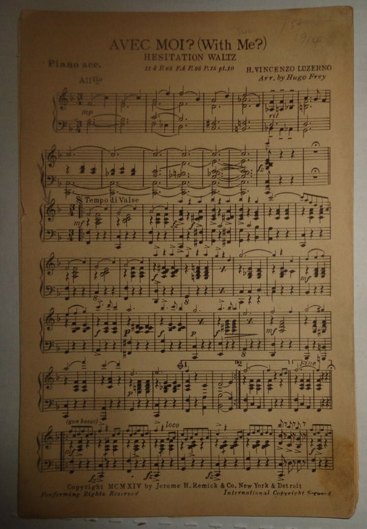 AVEC MOI? (WITH ME?) HESITATION WALTZ SHEET MUSIC BY H. VINCENZO LUZERNO 1914
