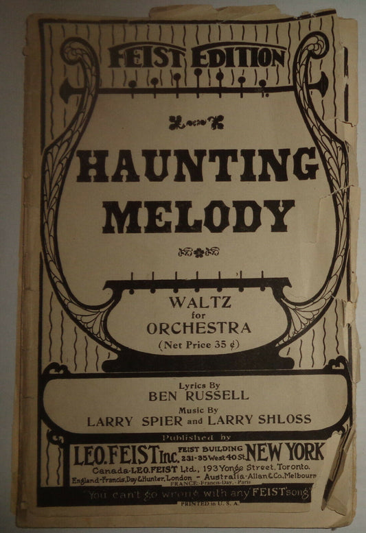 BEN RUSSELL: HAUNTING MELODY - WALTZ SHEET MUSIC FOR ORCHESTRA - 1924