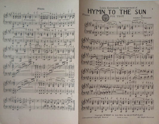 HYMN TO THE SUN  - - FOX TROT - SHEET MUSIC FOR ORCHESTRA 1925