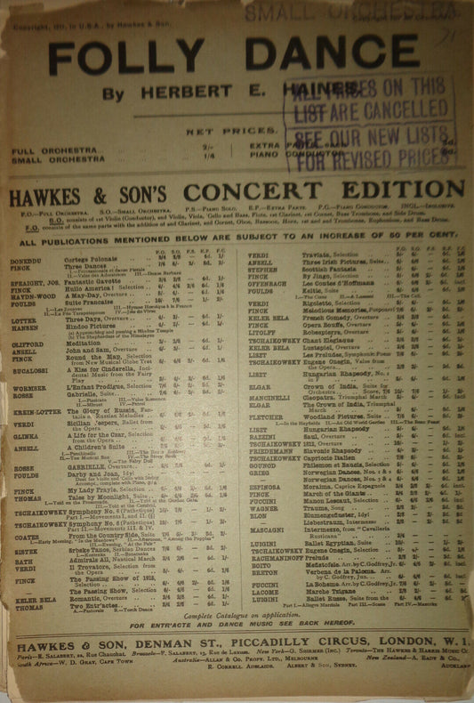 FOLLY DANCE BY HERBERT E. HAINKES, 1917  - SHEET MUSIC FOR ORCHESTRA