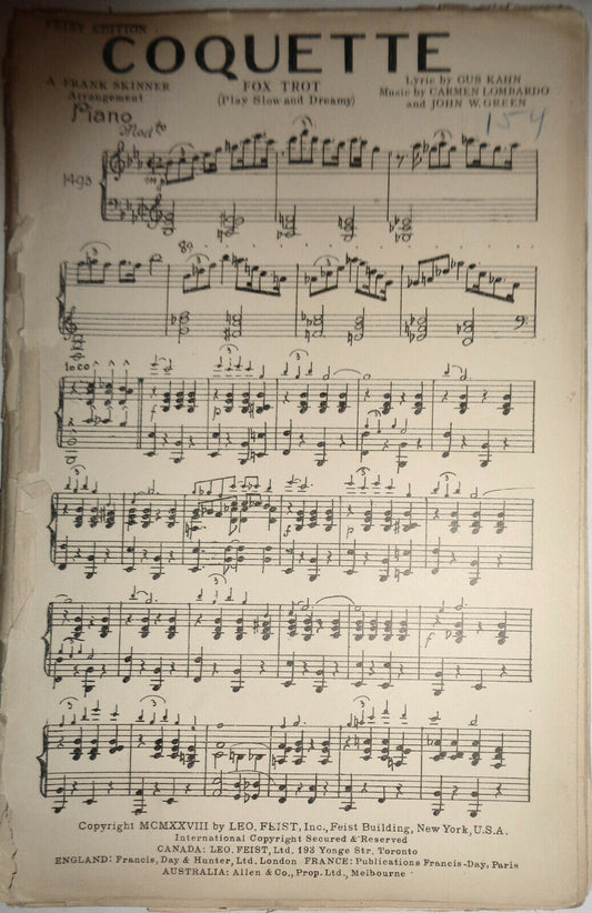 COQUETTE, BY GUS KAHN, CARMEN LOMBARDO, JOHN GREEN - 1928 FOX TROT FOR ORCHESTRA