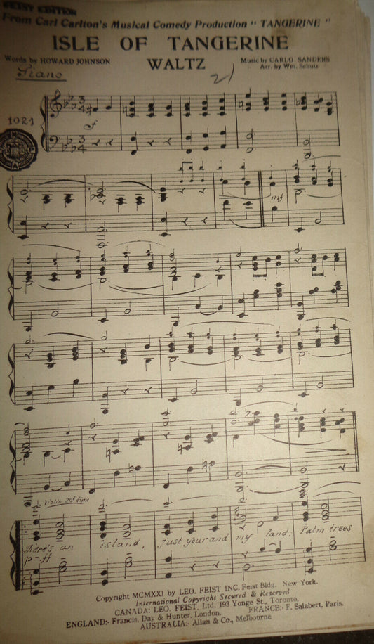 ISLE OF TANGERINE, WALTZ - FOR ORCHESTRA 1921 BY CARLO SANDERS ARR BY WM. SCHULZ