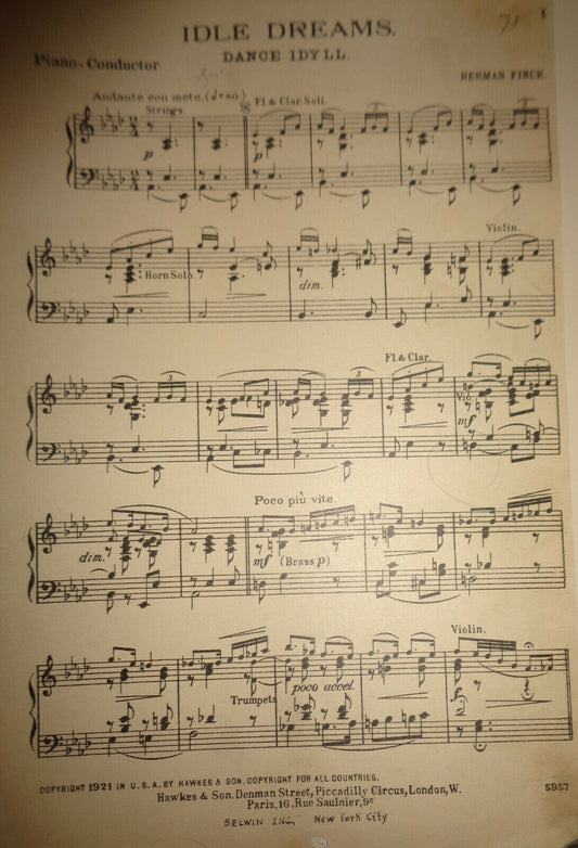 IDLE DREAMS,  DANCE IDYLL - BY HERMAN FINCK - 1921 - SHEET MUSIC FOR ORCHESTRA