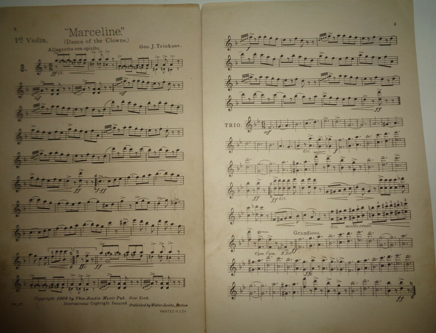 MARCELINE - DANCE OF THE CLOWNS BY GEO J TRINKAUS 1908 SHEET MUSIC FOR ORCHESTRA