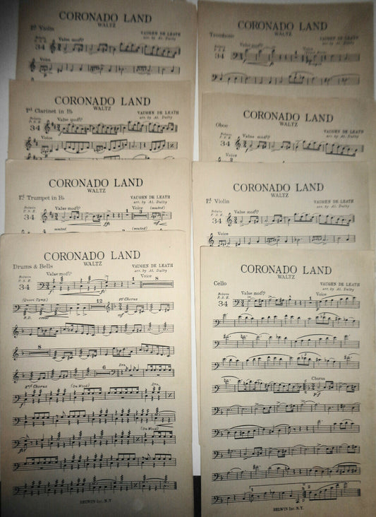 CORONADO LAND - WALTZ BY VAUGHN DE LEATH, 1920 SHEET MUSIC ORCHESTRA