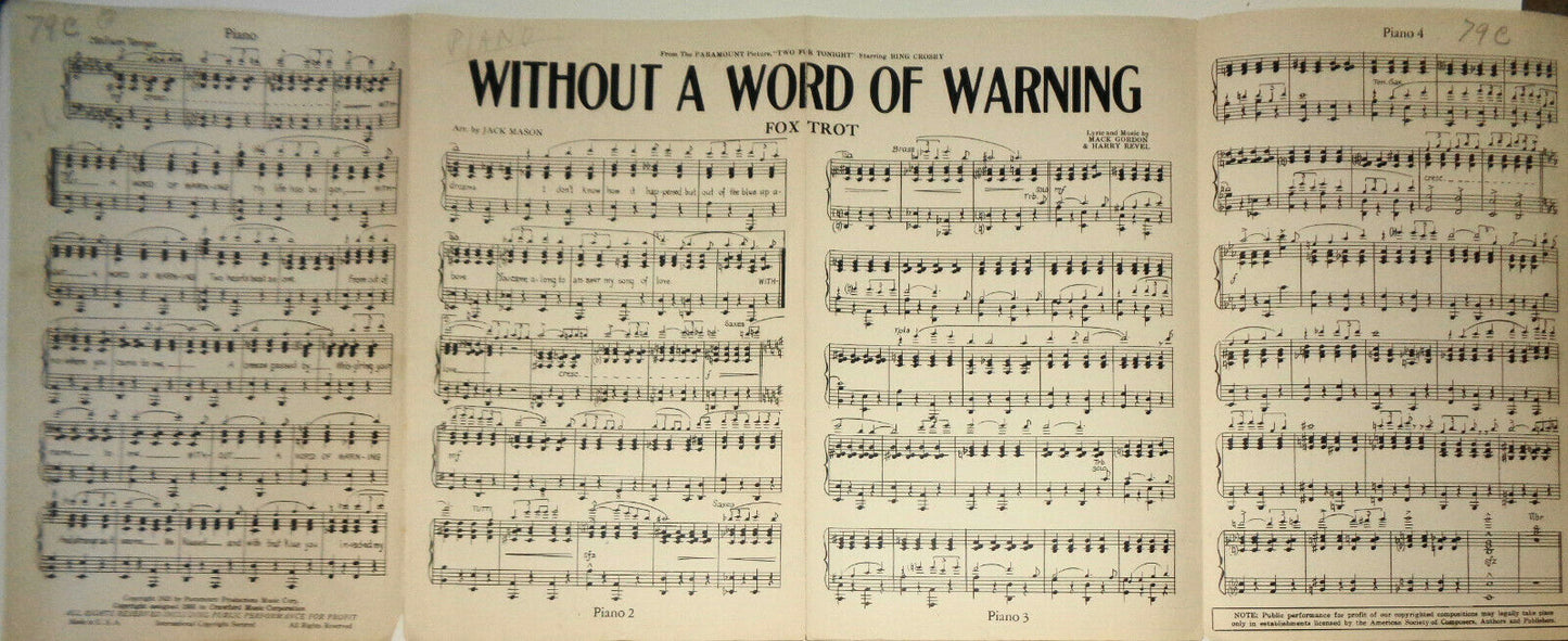 WITHOUT A WORD OF WARNING FOX TROT - Mack Gordon, Harry Revel 1935 For orchestra