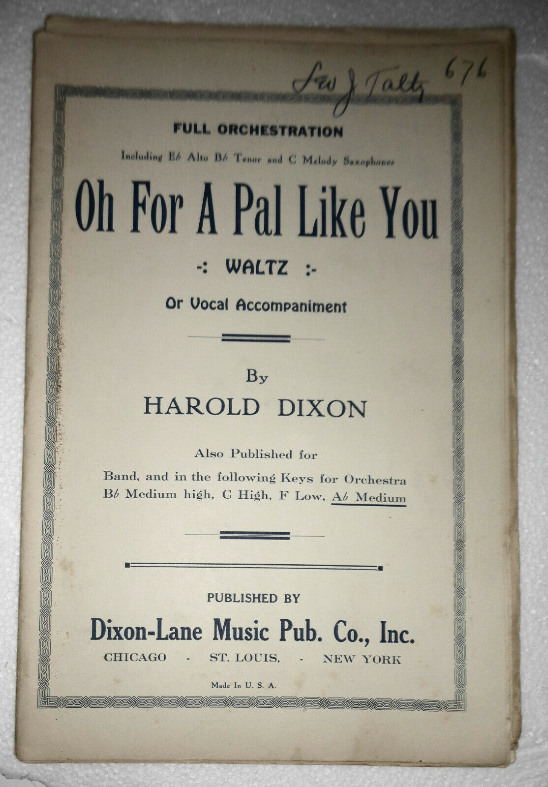 Oh, for a pal like you, Valse Lento, by Harold Dixon - 1924 for orchestra