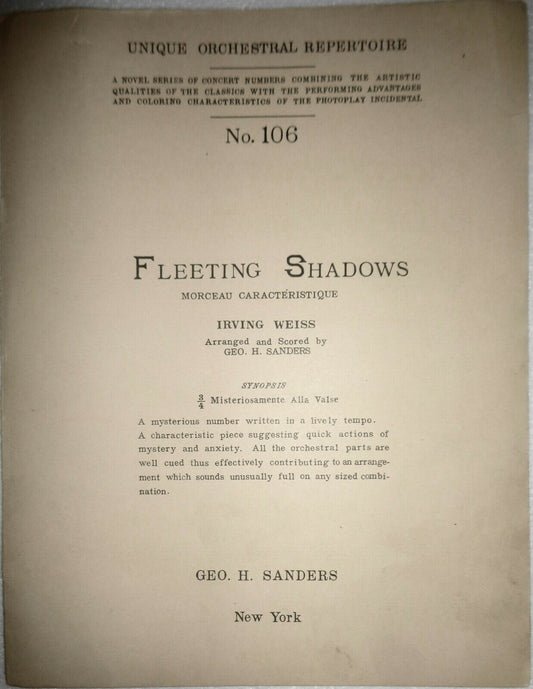 FLEETING SHADOWS - MORCEAU CARACTERISTIQUE by Irving Weiss  1925 orchestra score
