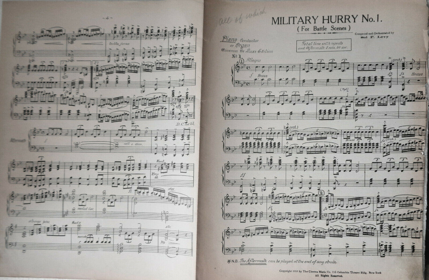 MILITARY HURRY No. 1. (FOR BATTLE SCENES), by Sol P. Levy - 1918 for orchestra